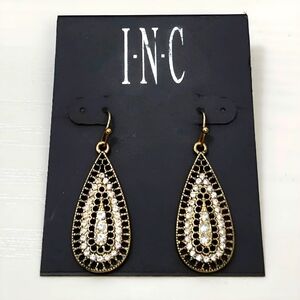 💎 2/$15 INC Pave Crystal Antiqued Gold tone  Filigree Tear Drop Dangle Earrings